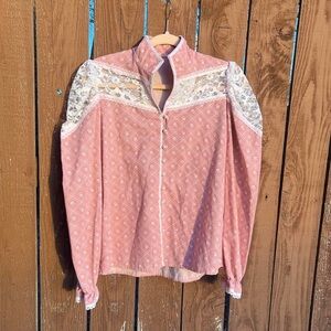 Vintage 70s Pink Prairie Western Cottage Lace Blouse Pearl Buttons, M